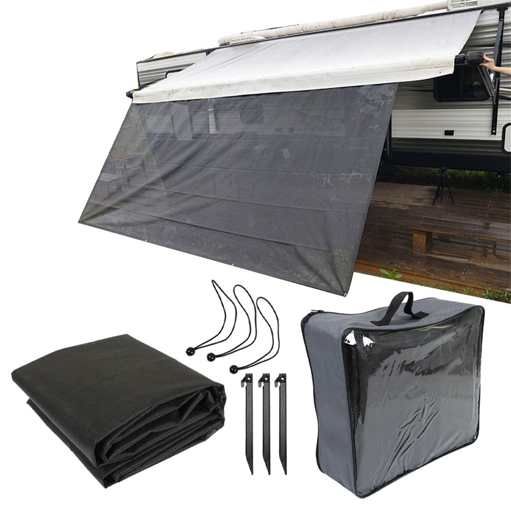 labwork 1Set 7FT x 9FT 3in RV Awning Sun Shade Screen Front Side Awning Complete Kit Black Grid Uv Blocking Replacement for Travel Outdoor Camping