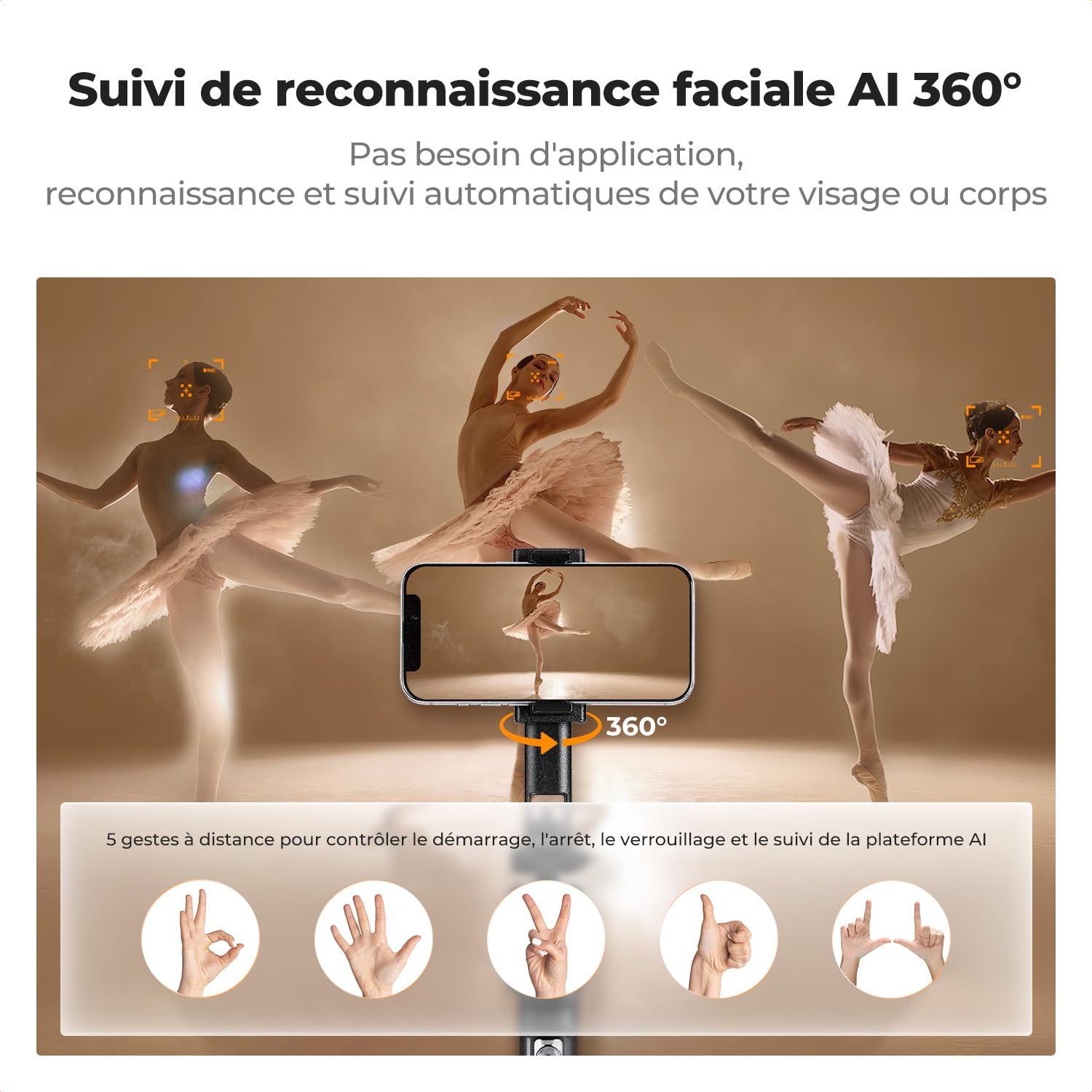 K&F Concept Perche Selfie Trépied AI 360° - Suivi Automatique, Déploiement Rapide 180cm, 2 Lampes Annulaires, Télécommande Bluetooth - Pour Vlog, Live, TikTok - 11