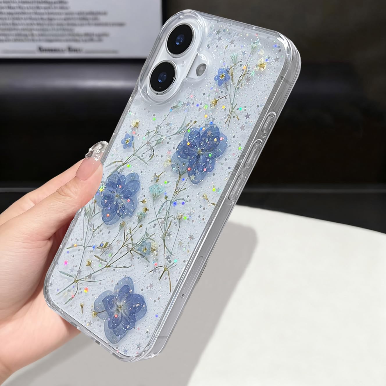 Funda Transparente para iPhone 16 Plus, diseño Floral con Flores Azules y violetas prensadas Reales, Bonito Brillo Brillante, Delgada, Suave, TPU, Transparente, para Mujeres y niñas