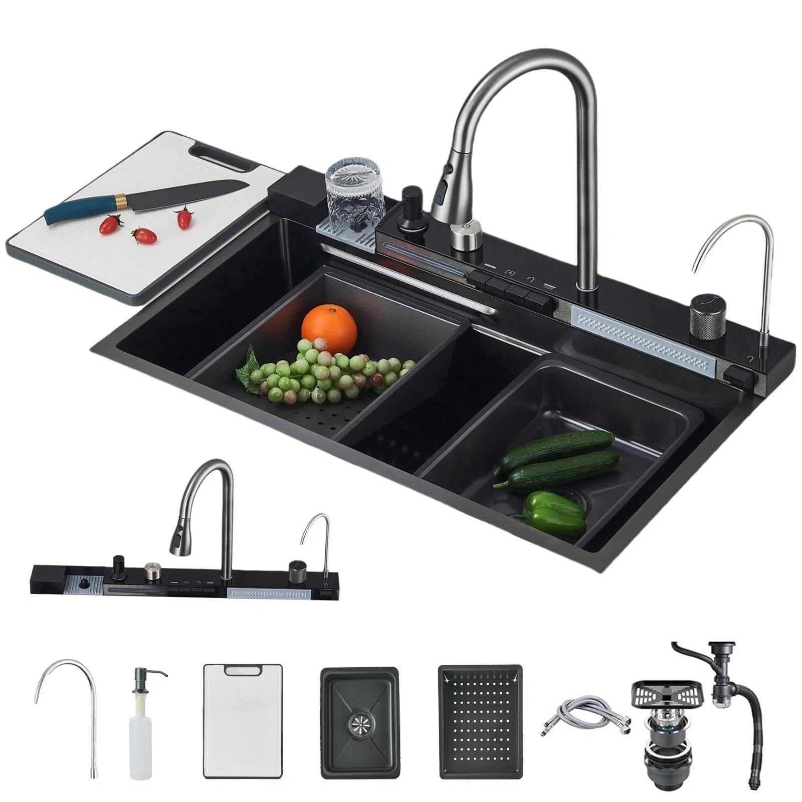 Fregadero de cocina cascada Negro 75x46 cm, acero inoxidable, 1 lavabo, con drenaje, tabla de cortar y dispensador de jabón