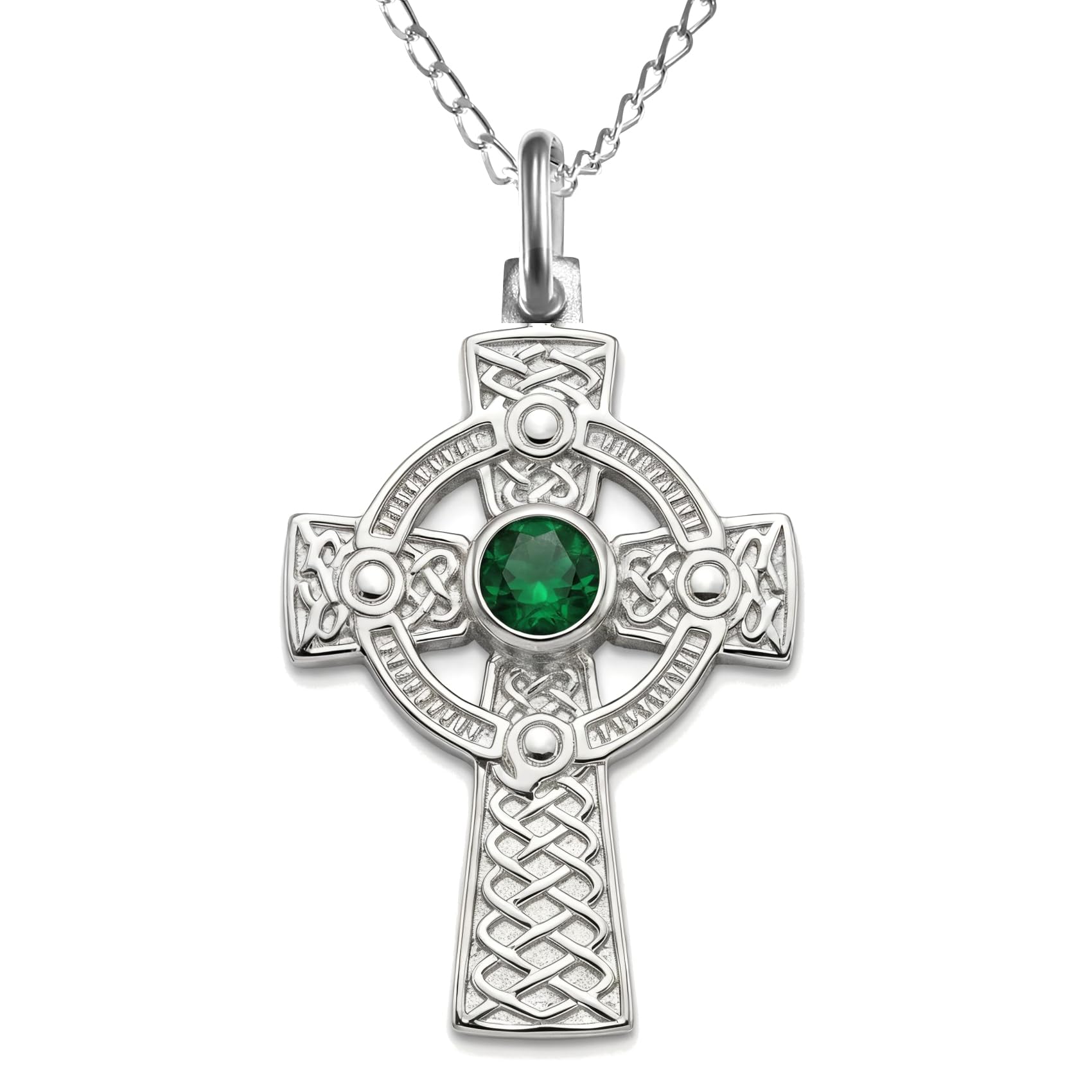 Alexander Castle Solide 925 Sterling Silber & Emerald Grün CZ Keltisches Kreuz Kette für Damen - Kreuz Anhänger mit 18" Silber Kette & Schmuck Geschenk-Box - 32mm x 20mm