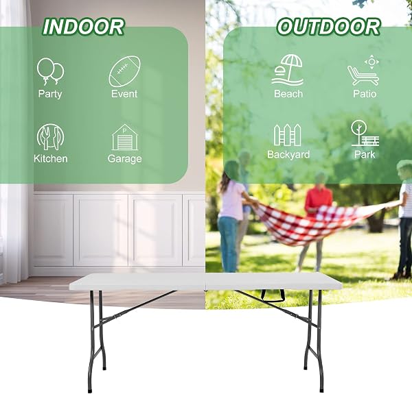 Rainberg 6ft Heavy Duty Folding Table, Tabletop & Sturdy Metal Frame, Foldable Table with Handle, Waterproof, Portable, & Easy Assembly, Ideal for Parties, BBQ, Camping, Beach, Indoor & Outdoor Use - 5