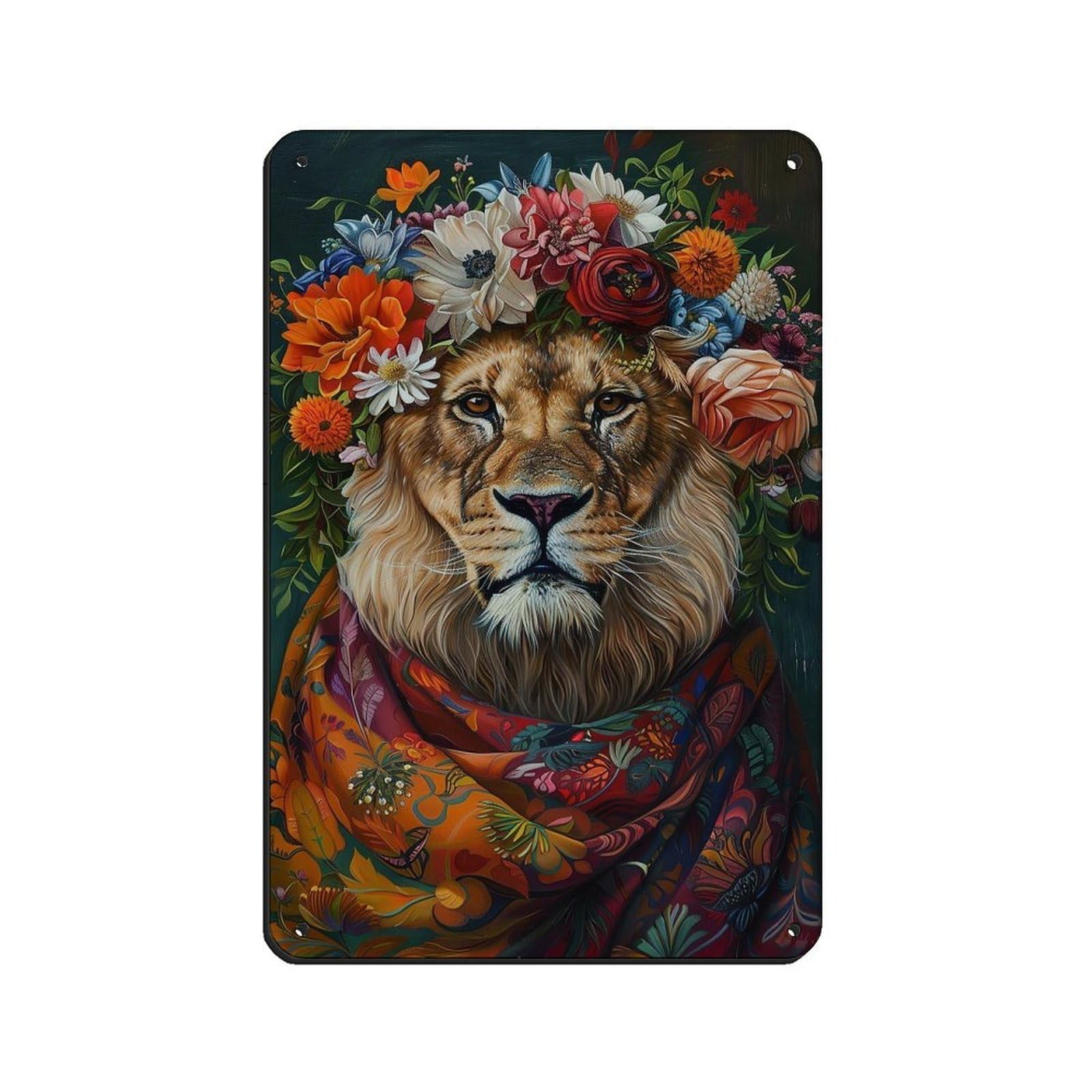 Vintage Maximalist Floral Lion Painting Poster Tin Sign Vintage Metal Pub Club Cafe Bar Home Wall Art Decoration Poster Retro 8x12inch(20x30cm)
