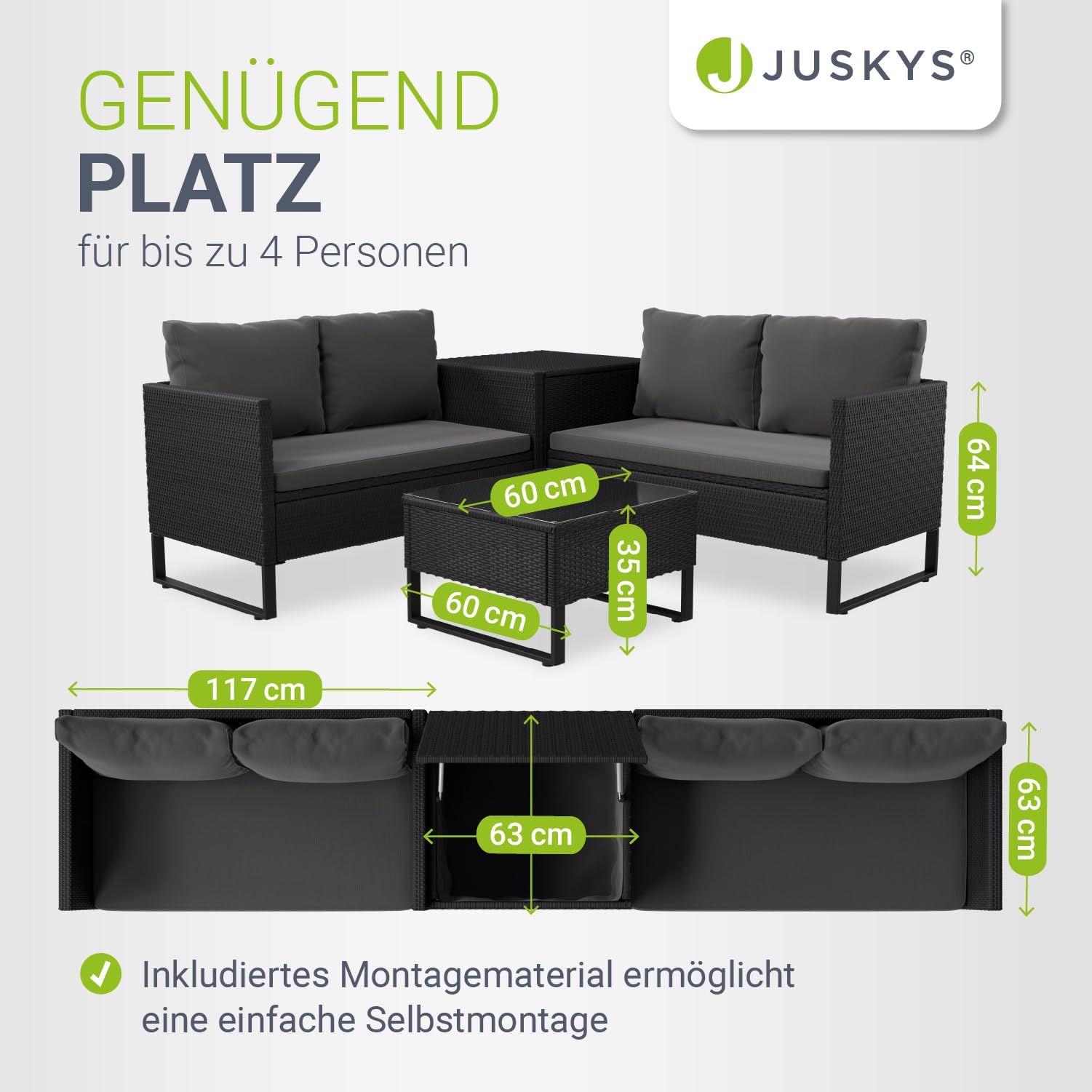 Juskys Polyrattan Lounge für 4 Personen – Outdoor Gartenmöbel Set Santorini mit Beistelltisch & Auflagenbox, wetterfeste Lounge Möbel als Balkonmöbel Sitzecke – Schwarz