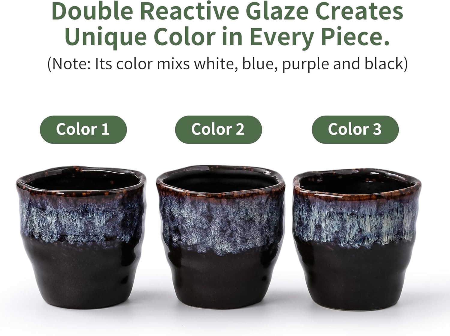 Set of 2 Reactive Glaze Ceramic Planters with Drainage Holes & Saucers - 4 + 6 Inch Unique Irregular Round Flower Pots for Indoor Outdoor Plants, Succulents, Orchids - Reactive Glaze Spot