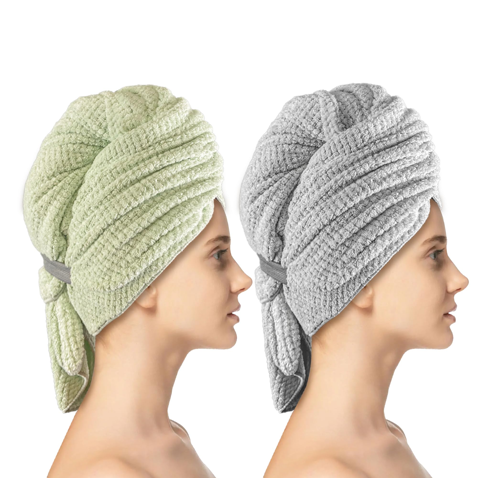 Simnice 2 Pack Extra Microfiber Hair Towel Wrap for Women,Super Soft Anti Frizz Hair Wrap Towels with Elastic Band for All Hairstyles Grey & Green