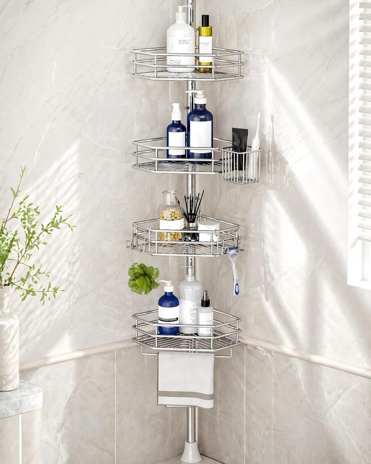 SEIRIONE Corner Shower Caddy Tension Pole, Quick Setup, Rust-Free Bathroom Shower Organizer Corner for Bathtub Shampoo Storage, 4-Tier Adjustable Shelf, Drill Free, Fits 34 to 116 Inch Height, Silver