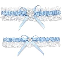 GARGALA Blue Lace Wedding Garters for Bride, Bridal Garter Set with Rhinestone Satin Bow
