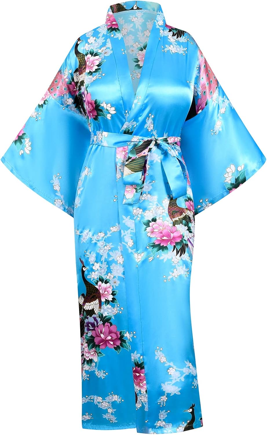 Heone Kimono Satin Peacock Printed Lightweight Cardigan Jacket Coat Yukata Cloak Bathrobe Tops folding Fans Tabi Socks Set - Image 2