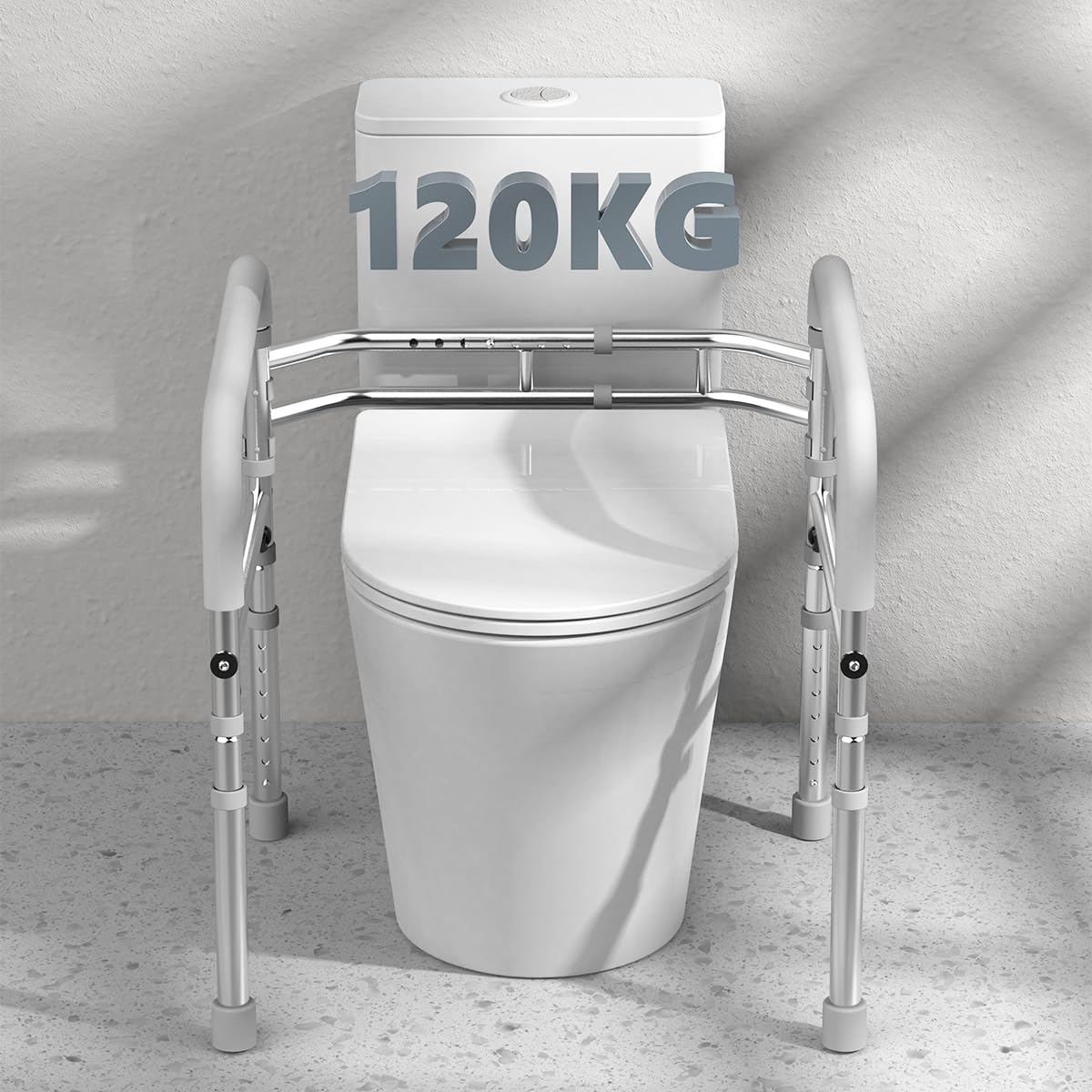 Maniglione WC Regolabile Omnidirezionale - Supporto Sicurezza Fisso con Braccioli，Telaio in Alluminio da Terra per Anziani & Disabili