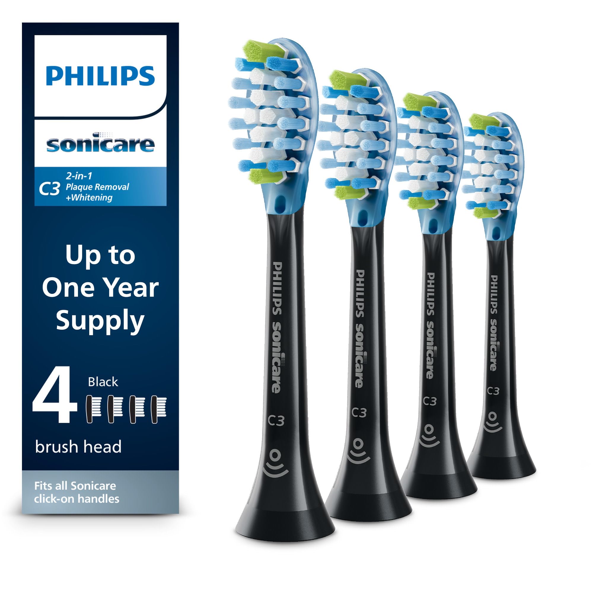 Philips Sonicare C3 Two-in-One - Genuine Replacement Electric Toothbrush Heads, Black, 4 Pack One Year Supply, HX9044/95