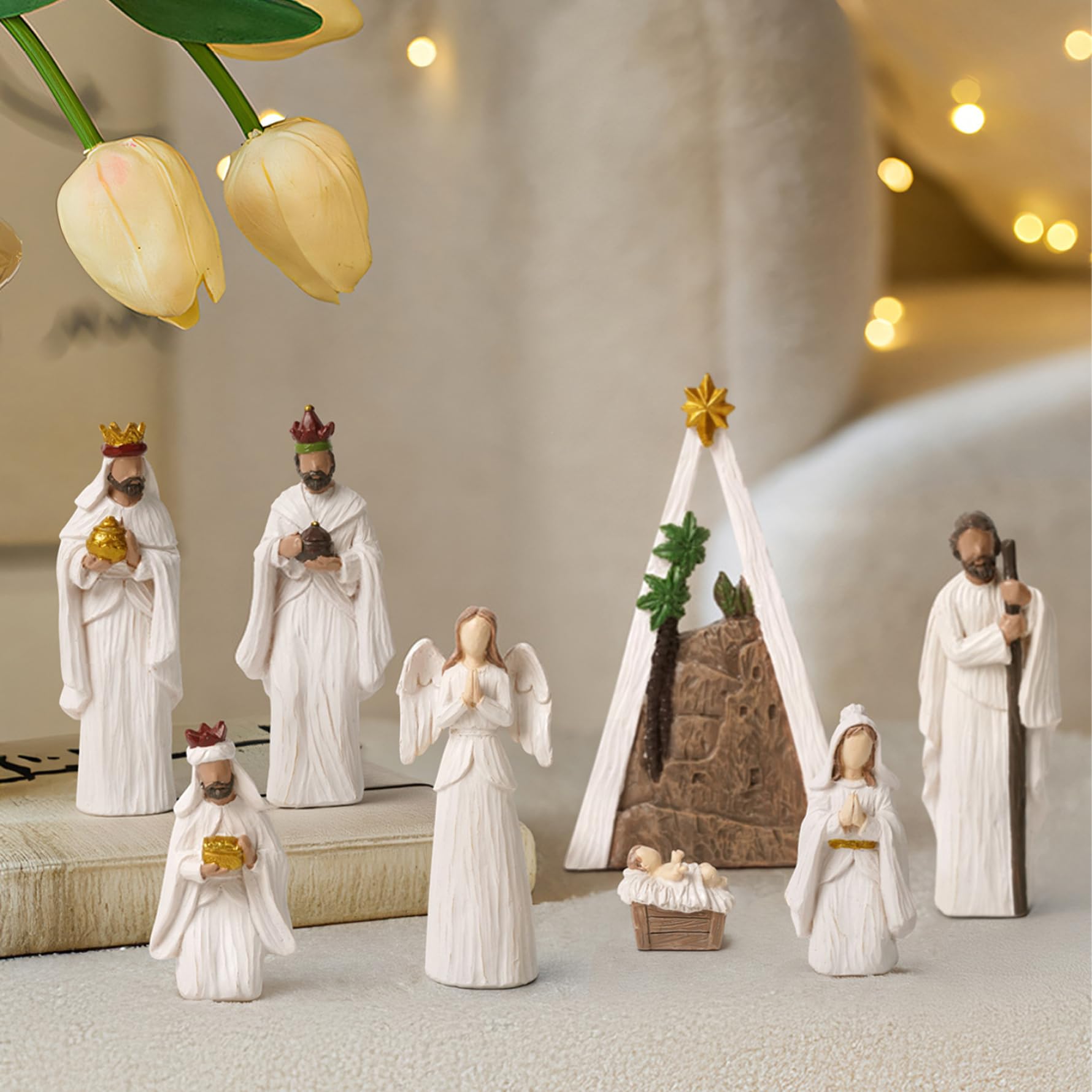 Ensemble de crèche de Noël (8 pièces) Moderne en résine Blanche - Figurines scène la Nativité - Ornements Table Religieux - Objets Collection Noël pour décorations Vacances