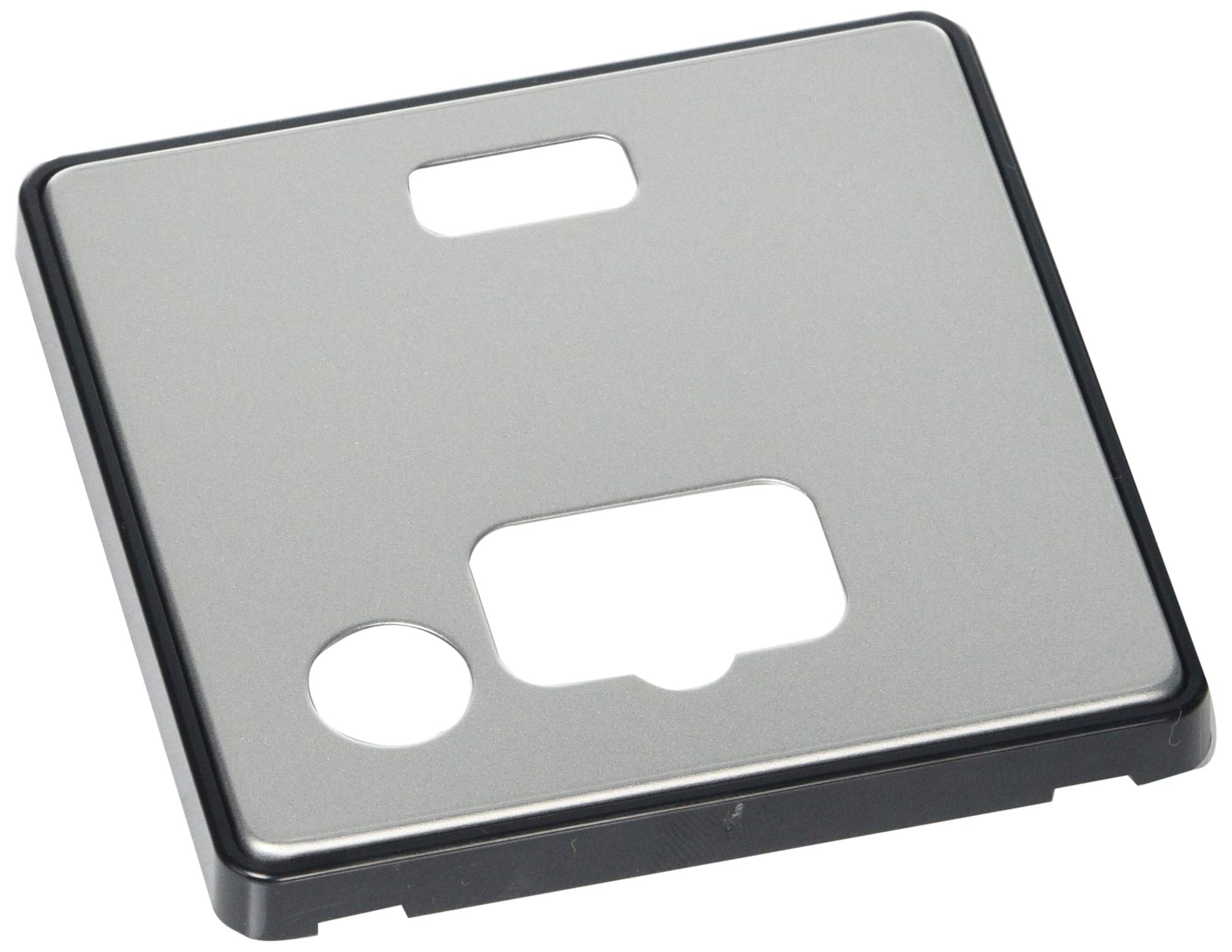 MK Dimensions 1 Gang 13A Connection Unit and Neon/Flex Satin Steel Finish Frontplate with a Black Trim, Satin Steel With Black Insert