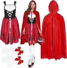 Oerphh 3pcs Adult Little Red Riding Hood Costume Set, Funny Red Velvet Cape with Dress Bow Tie Knee High Socks, Women's Halloween Fancy Dress for World Book Day Carnival Cosplay Stage Performance