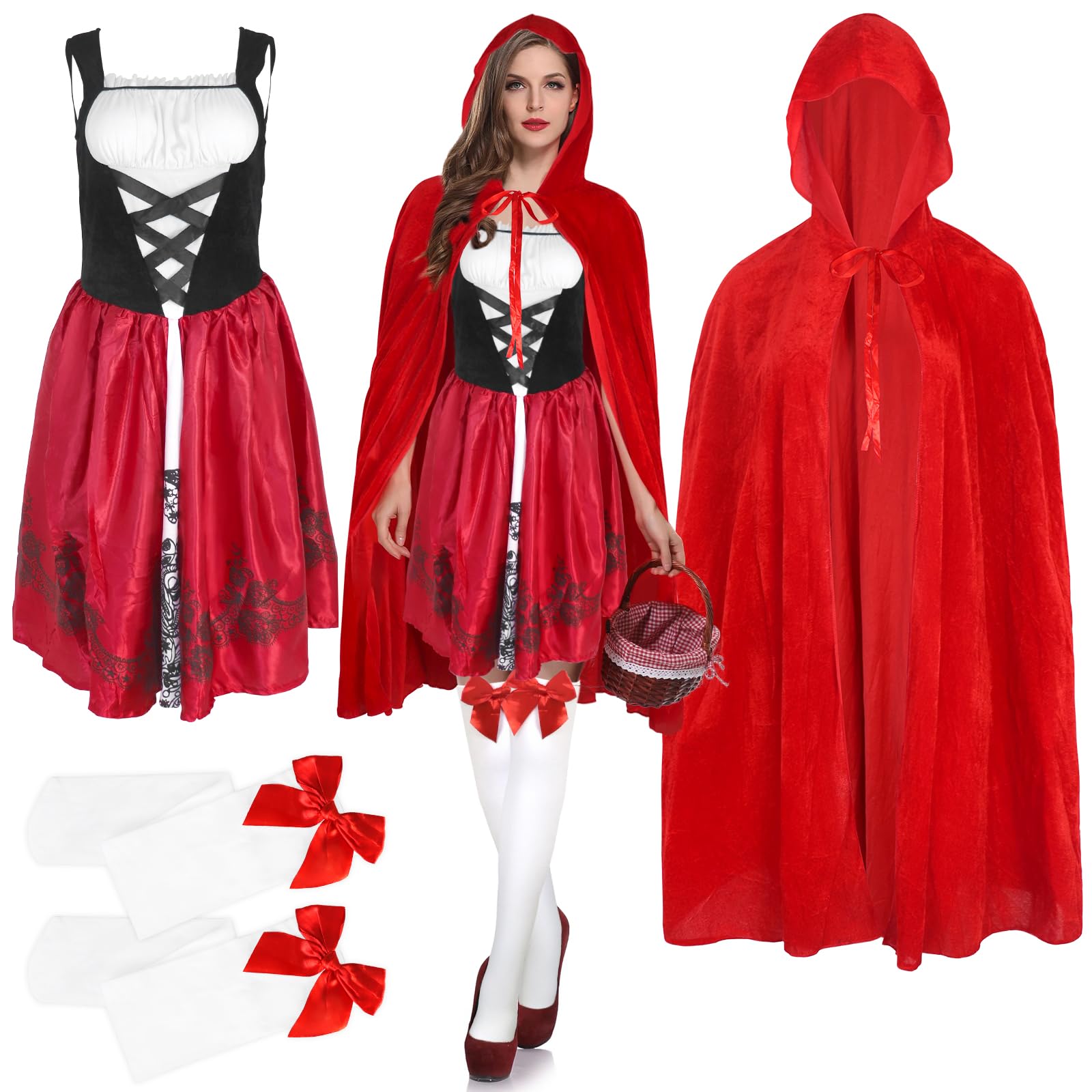3PCS Adult Red Dress Costume Set for Women Halloween Fancy Dress Costumes with Hooded Cape Cloak Knee Thigh High Socks for Christmas Role Play Outfit (Red, L)