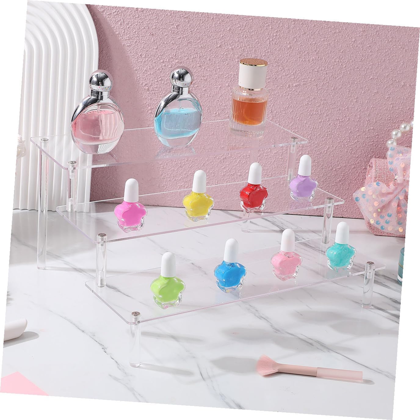 Luxshiny Acrylic Display Shelf Three Layers Risers for Perfume Organizer Multi Acrylic Stand for Cakes Jewelry and Collectibles for Retail and Home Decor