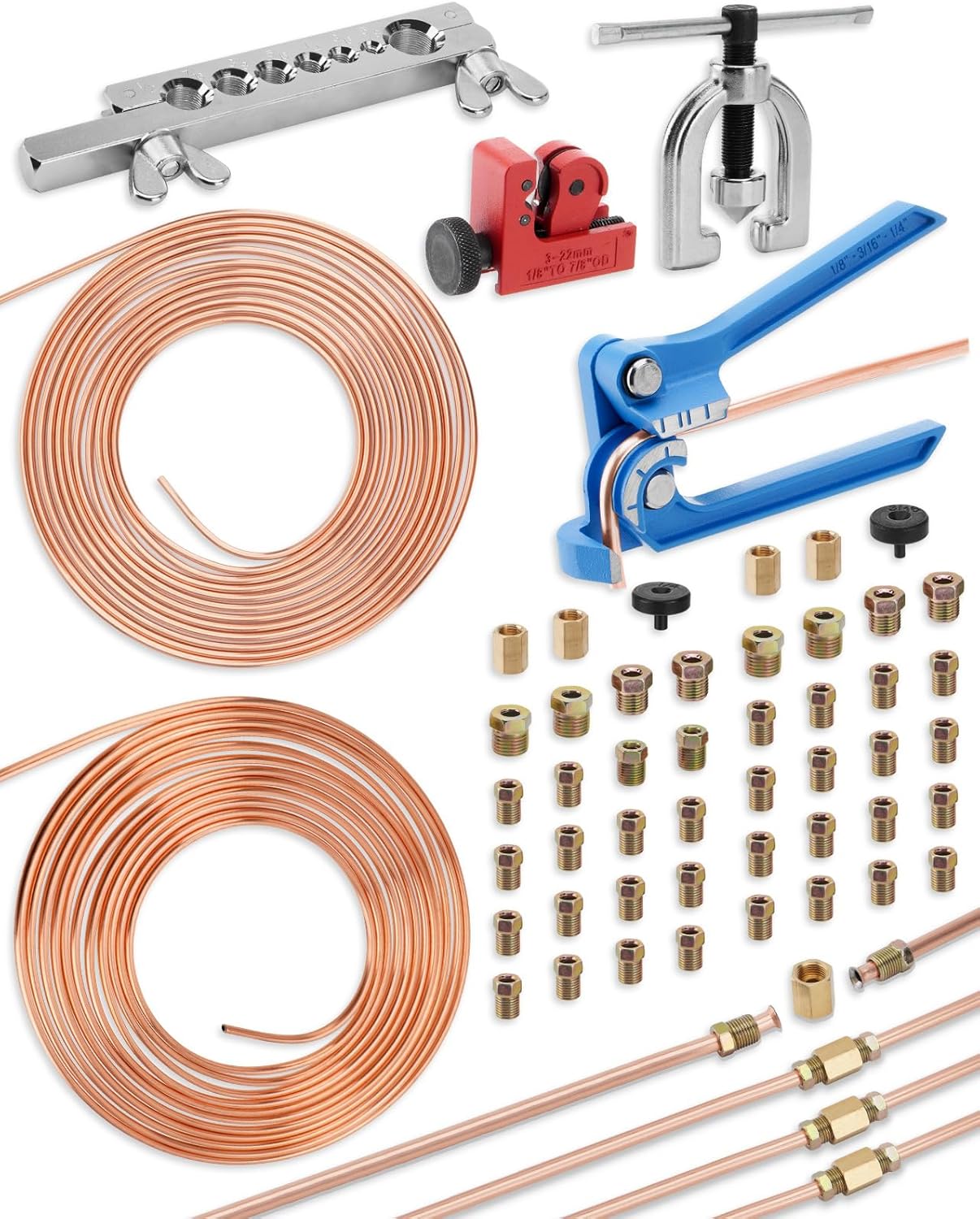 25 ft 3/16in &1/4in Copper Coated Brake Line Flaring Tool Kit, Includes 3-in-1 Tube Bender, Double & Single Flaring Tool Set, 1 Tube Cutter, 4 Threads Unions, 40 Fittings