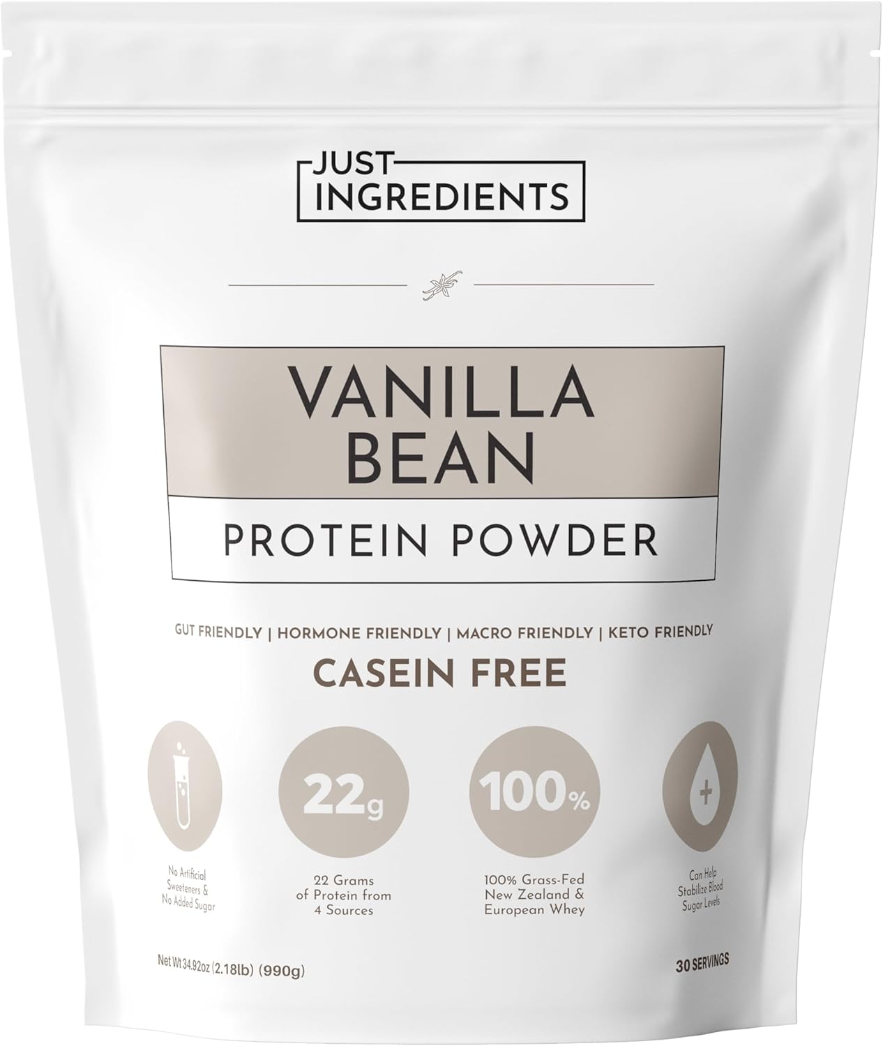 JUST INGREDIENTS Vanilla Bean Protein Powder – 30-Serving Blend with 100% Grass-Fed Whey & Organic Plant Proteins – Real Vanilla Bean & Cinnamon – Supports Muscle Recovery, Energy*