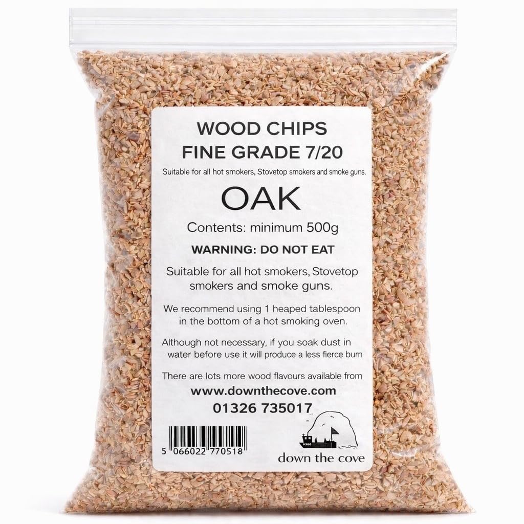 Down the Cove Oak Wood Chips 500g – Fine 2mm Grade for Hot Smokers, BBQs, Stovetop Smokers & Smoking Guns – Natural, Chemical-Free Wood Chips for Food & Cocktail Smoking