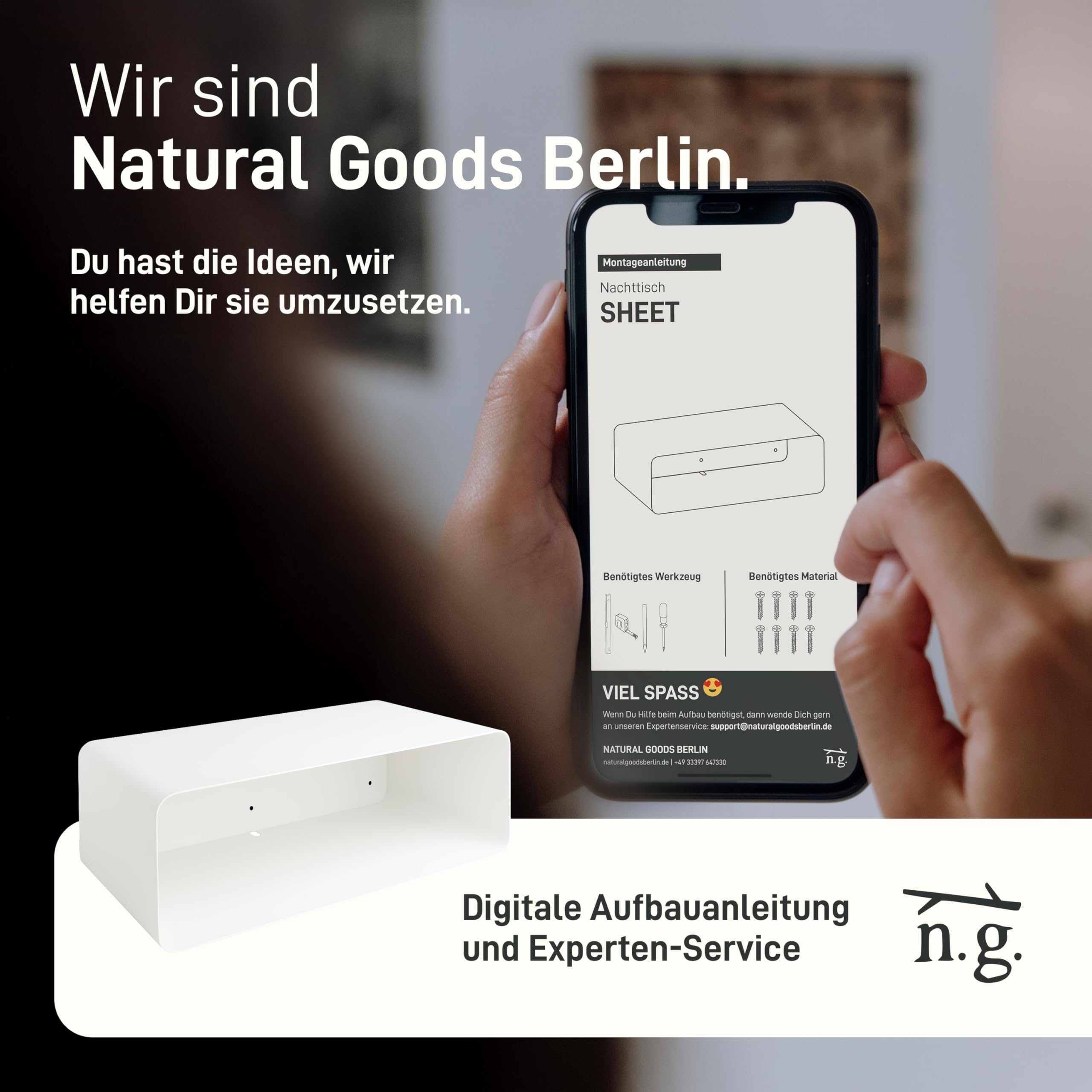 Natural Goods Berlin 1x Nachttisch Sheet - Schweberegal Weiß, Metall 45 x 24 x 15 cm - Nachttisch hängend, schwebender Tisch - Nachtschrank hängend, Wandregal Cube, Wandnachttische