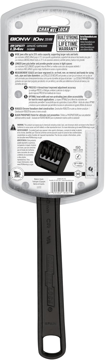 CHANNELLOCK 810NW 10-inch Adjustable Wrench | Black Phosphate/Oxide Finish | 1.38-inch Wide Mouth Jaw Capacity | Precise Jaw Design Grips in Tight Spaces | Measurement Scales for Easy Sizing