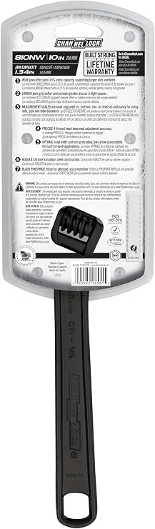 CHANNELLOCK 810NW 10-inch Adjustable Wrench | Black Phosphate/Oxide Finish | 1.38-inch Wide Mouth Jaw Capacity | Precise Jaw Design Grips in Tight Spaces | Measurement Scales for Easy Sizing