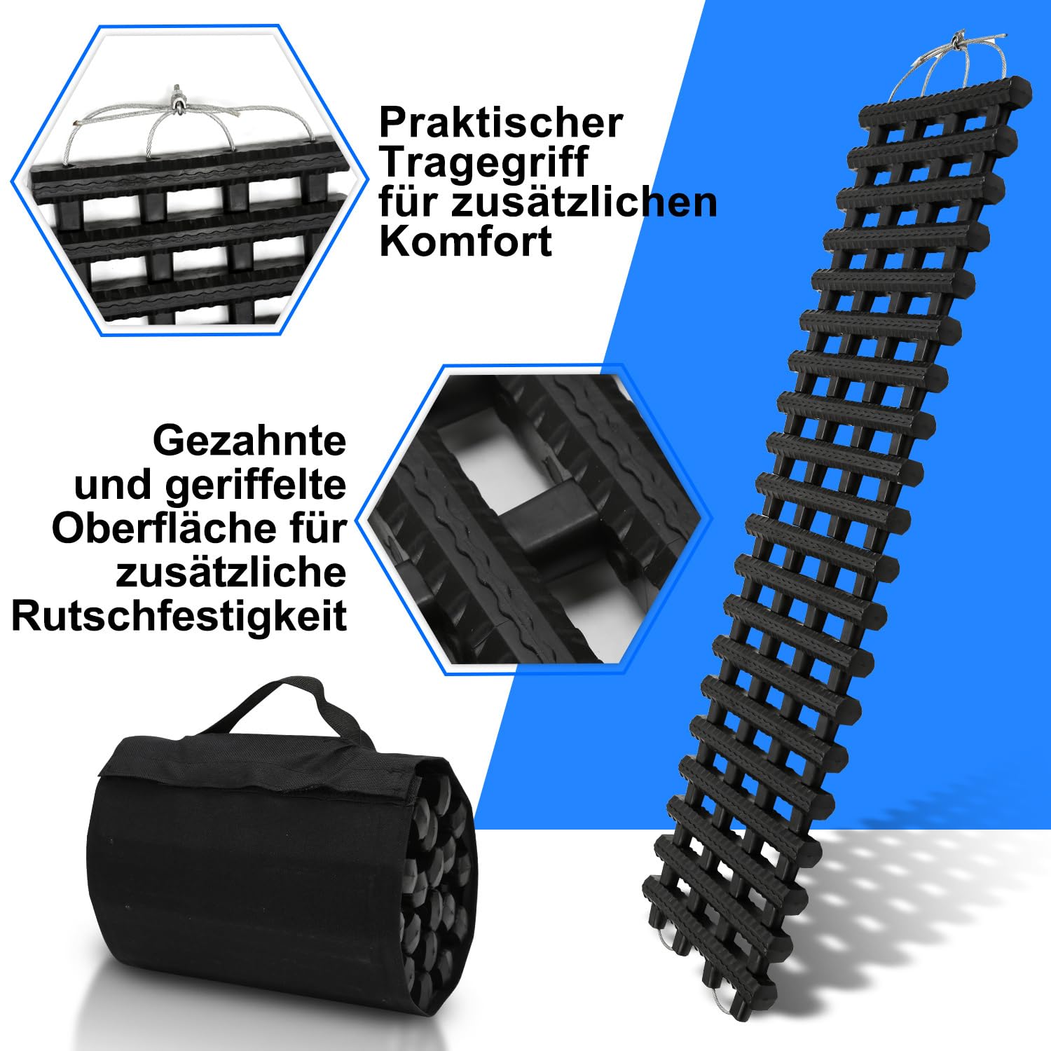 2 pièces aide au démarrage, tapis de traction voiture 7 tonnes, 80 x 21 x 2,5 cm aide à la traction tout-terrain, plaques de sable TPR camping-car avec sac de transport pour neige/sable - 3