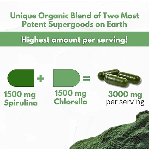 Miniatura 5 de Cápsulas de Polvo de Clorella y Espirulina 3000 mg de Algas Azules Verdes Puras Libres de BMAA - Mejores Vitaminas Naturales Detox Crudas Veganas
