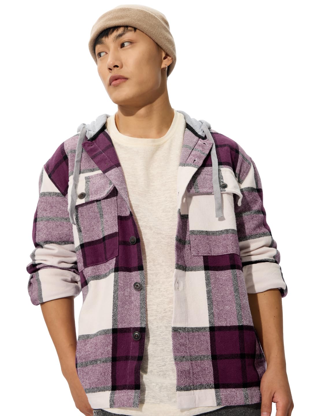 the souled store Plaid Hooded Shacket: Mauve Mist Men and Boys Long Sleeves Hooded Neck Button Front Cotton Oversized Shackets-picture-26