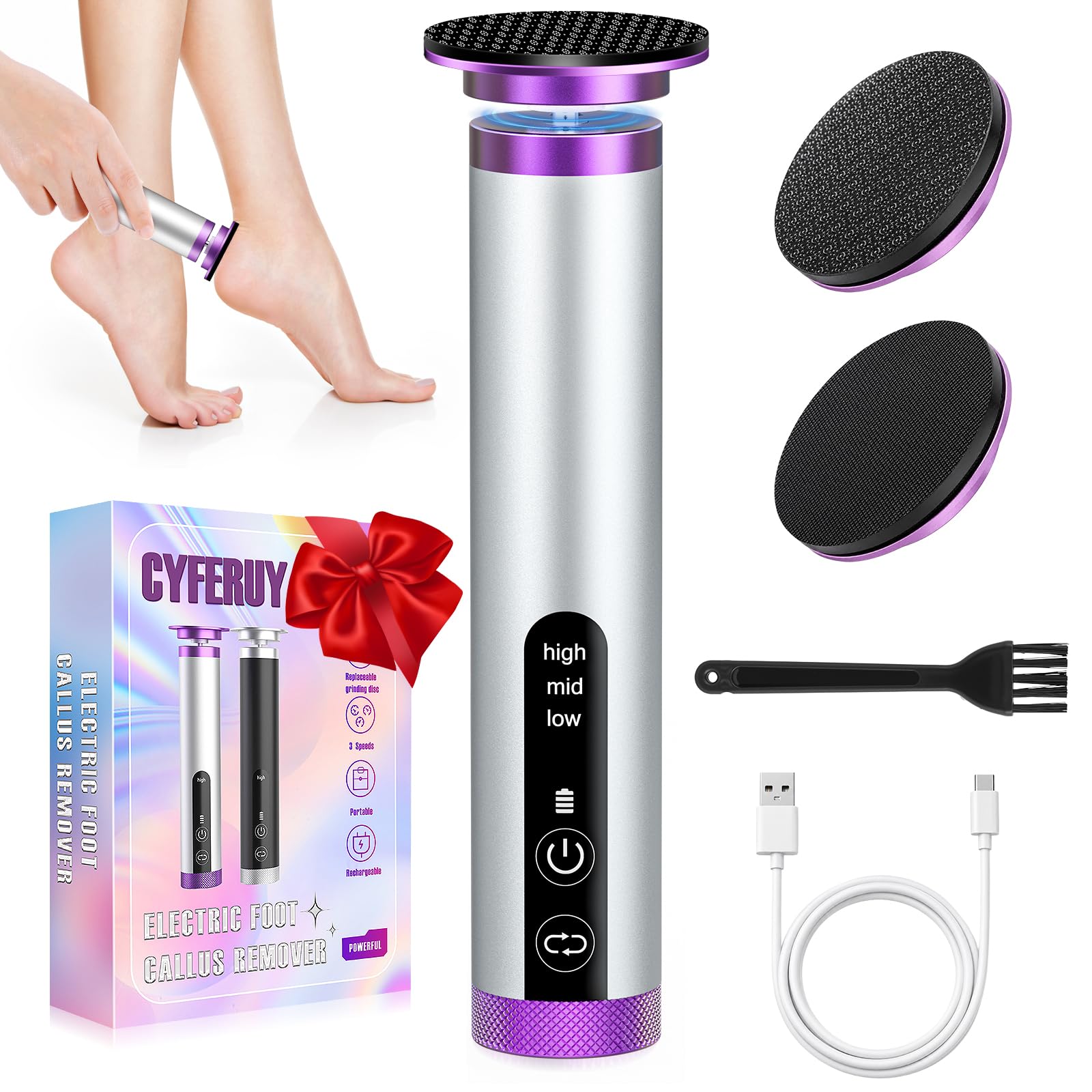 Éliminateur électrique de callosités avec 2 têtes en nano-verre, lime électrique rechargeable avec moteur à engrenages en métal puissant amélioré, extracteur de callosités sans fil en aluminium de