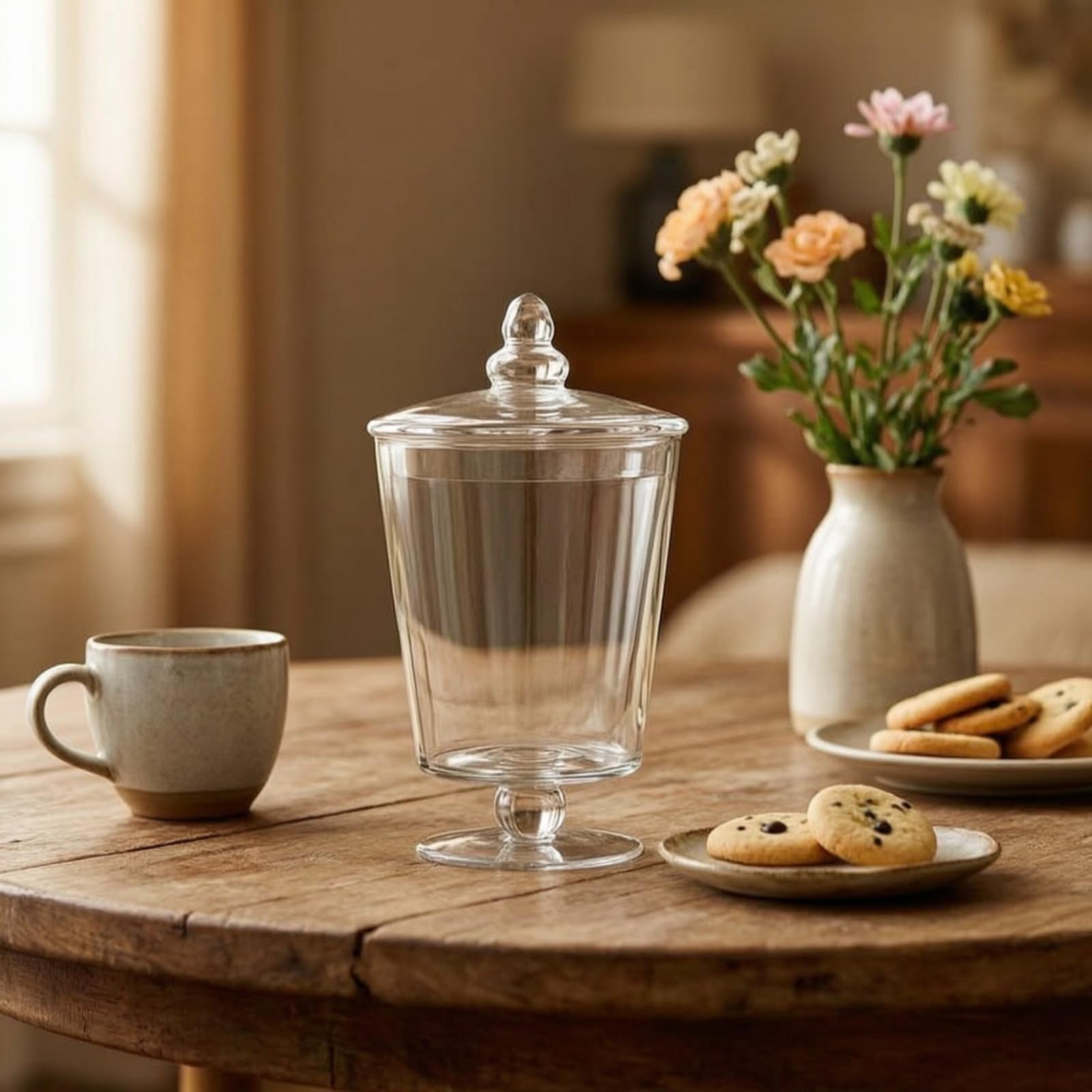 KESOTO Tarro Industrial de Cristal Transparente con Pie de Pedestal y Tapa Ajustable para Organizar Snacks Decoración de Bodas Capacidad, Mediano
