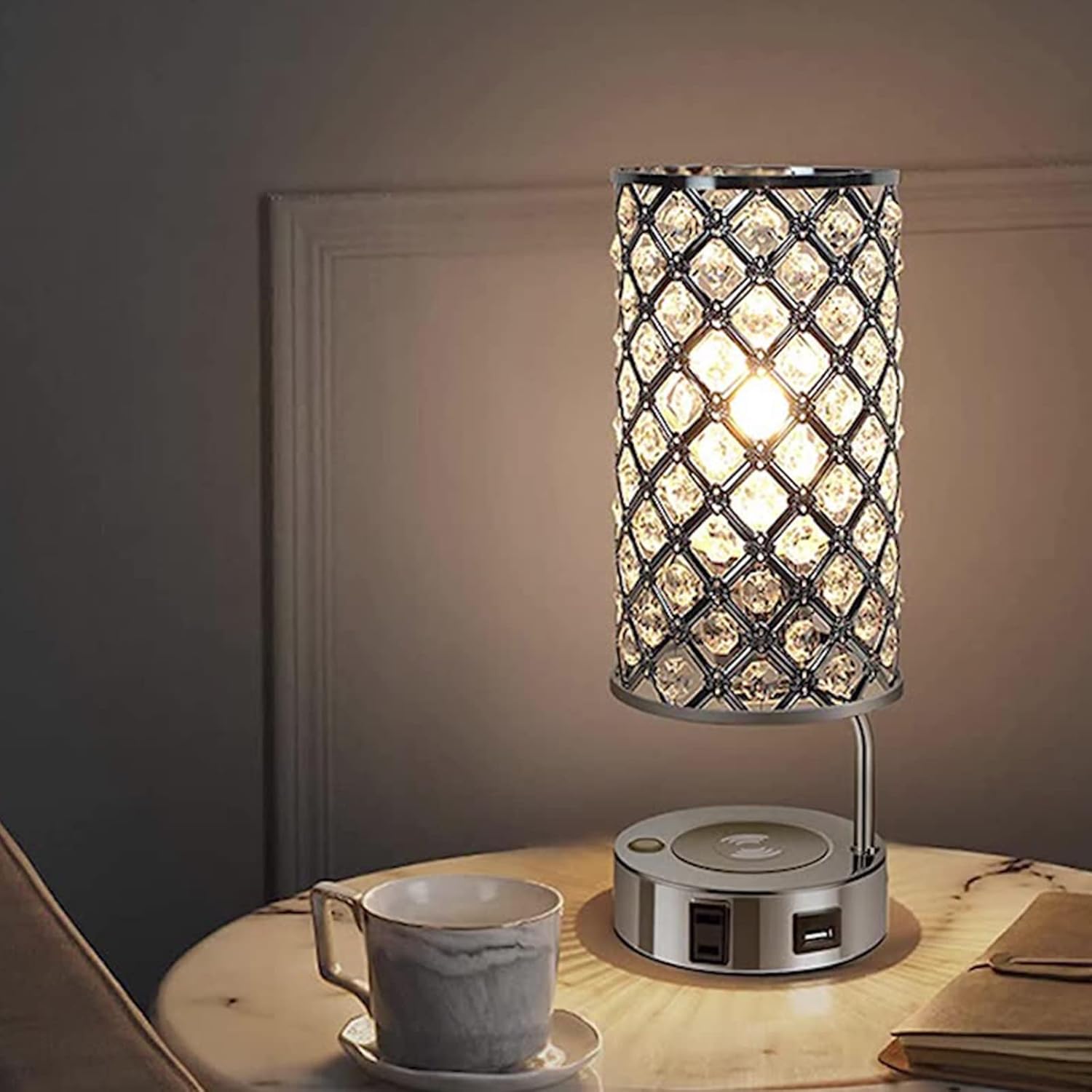 LED Crystal Table Lamp, Desk Light with USB Ports, 3Way Dimmable Bedside Lamp