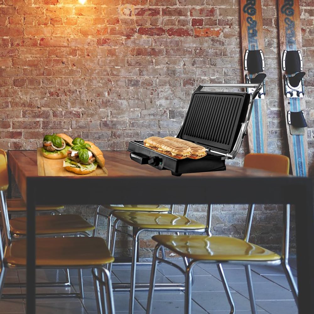 BEHOME Griglia Elettrica Barbecue in Ghisa Antiaderente con Doppia Piastra 1800 Watt, Bistecchiera Elettrica Temperatura regolabile e Vaschetta raccogli grasso