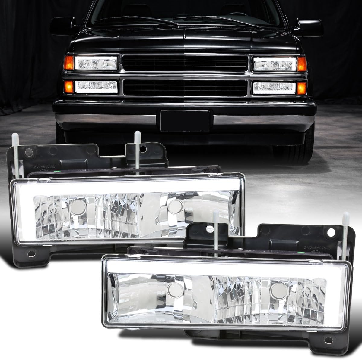 Ronnin - Fits 1988-1999 Chevy GMC C10 C/K Sierra Silverado Blazer Yukon Tahoe Upgrade Replacement LED Tube Headlights Assembly Pair | Chrome