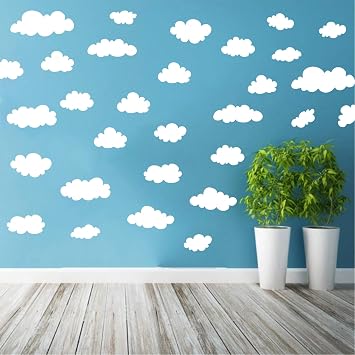34 Pcs Big Clouds Wall Stickers, Removable Cloud Decor Wall Decals Vinyl Sticker Self Adhesive Wallpaper Mural for Girls Bedroom Nursery Children Baby Kids Living Room Home Art Mural Decorations