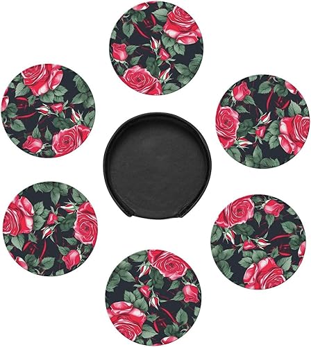 Miniatura 7 de Rose Flower Floral Leather Coasters for Drinks Set of 6 for Tabletop Protection, Elegant Home Decor & Housewarming Gift