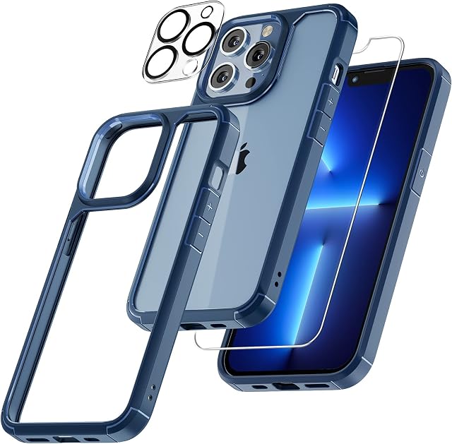 TAURI 5 in 1 Defender Designed for iPhone 13 Pro Max Case, 1 phone case + 2 Screen Protector + 2 Camera Protector [Military Grade Protection] Soft Bumper Shockproof 360 Protective Cover Slim - Blue