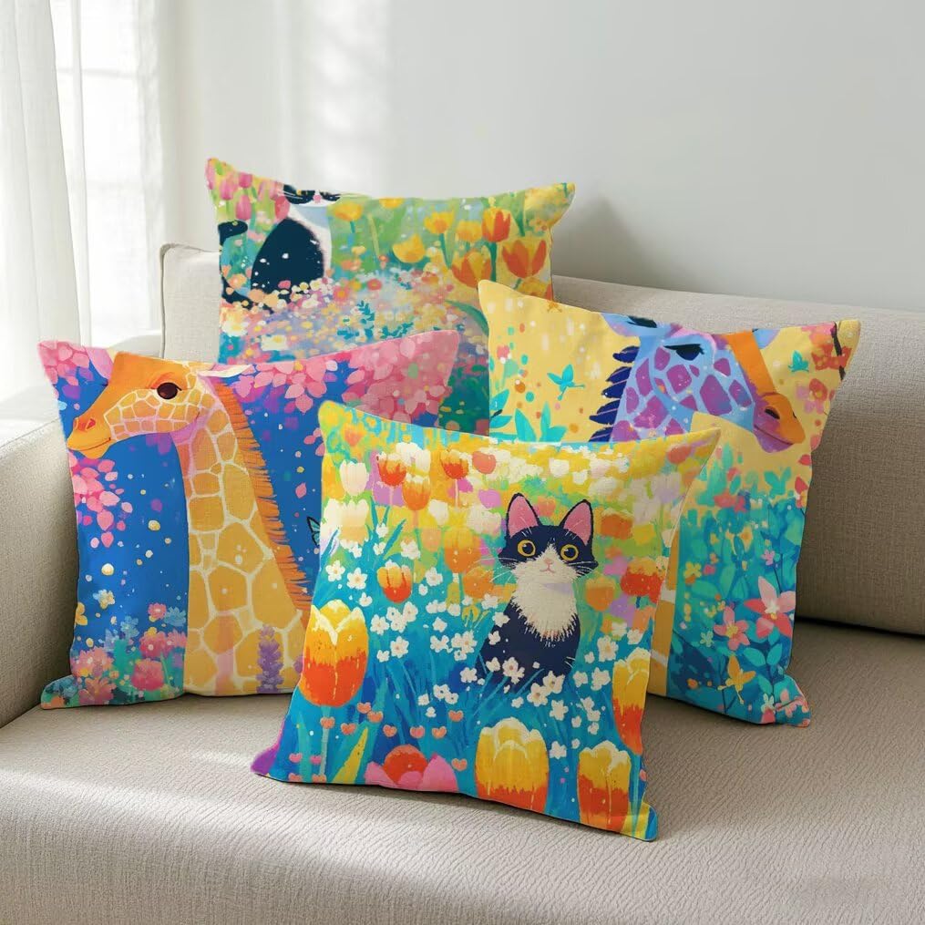 Fundas Cojines 45x45 cm Exterior Cojines Gato Fundas de Almohada Juego de 4, Cuadrados Funda Cojin Jirafa Almohadas con Cremallera, Sofa Cama Decorativos para Hogar, Jardín, Salón y Dormitorio Ym397
