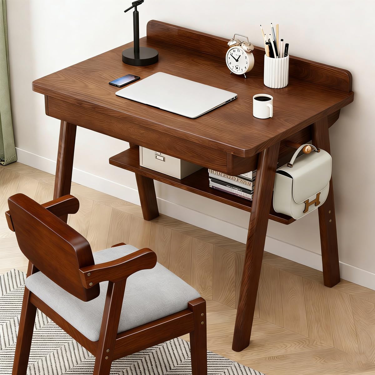 Scrivania in legno massello con 2 cassetti e ganci, scrivania per computer per casa e ufficio metà secolo, scrivania per studenti e studio, tavolo con ripiano portaoggetti per camera da letto
