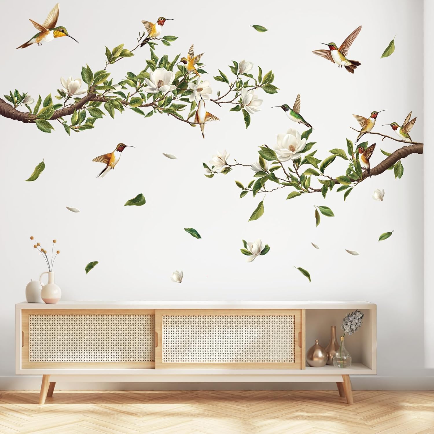 SHUCHING White Magnolia Flowers Wall Sticker Peel and Stick, Vinyl Tree Branch Wall Decal, Wall Decor Art Home Decoration for Living Room Bedroom