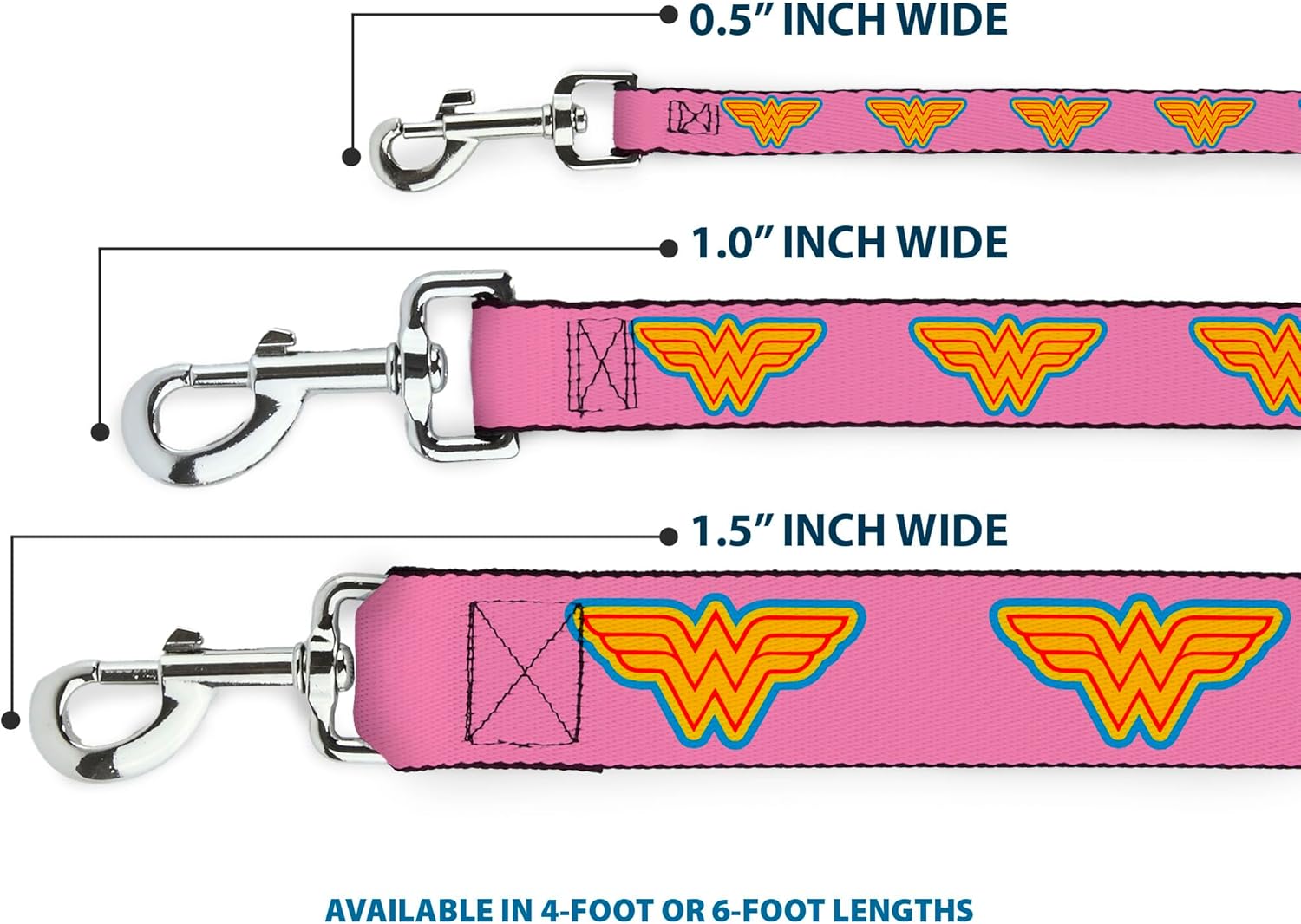Buckle-Down Dog Leash Wonder Woman Logo Pink Blue Yellow Pink 6 Feet Long 1.5 Inch Wide, Multicolor (DL-6FT-WWW004-W)
