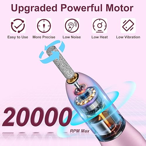 Miniatura 2 de Taladro de uñas eléctrico portátil, 20000 rpm, taladro profesional de uñas Efile con 6 brocas de uñas y bandas de lijado para uñas de gel acrílico,