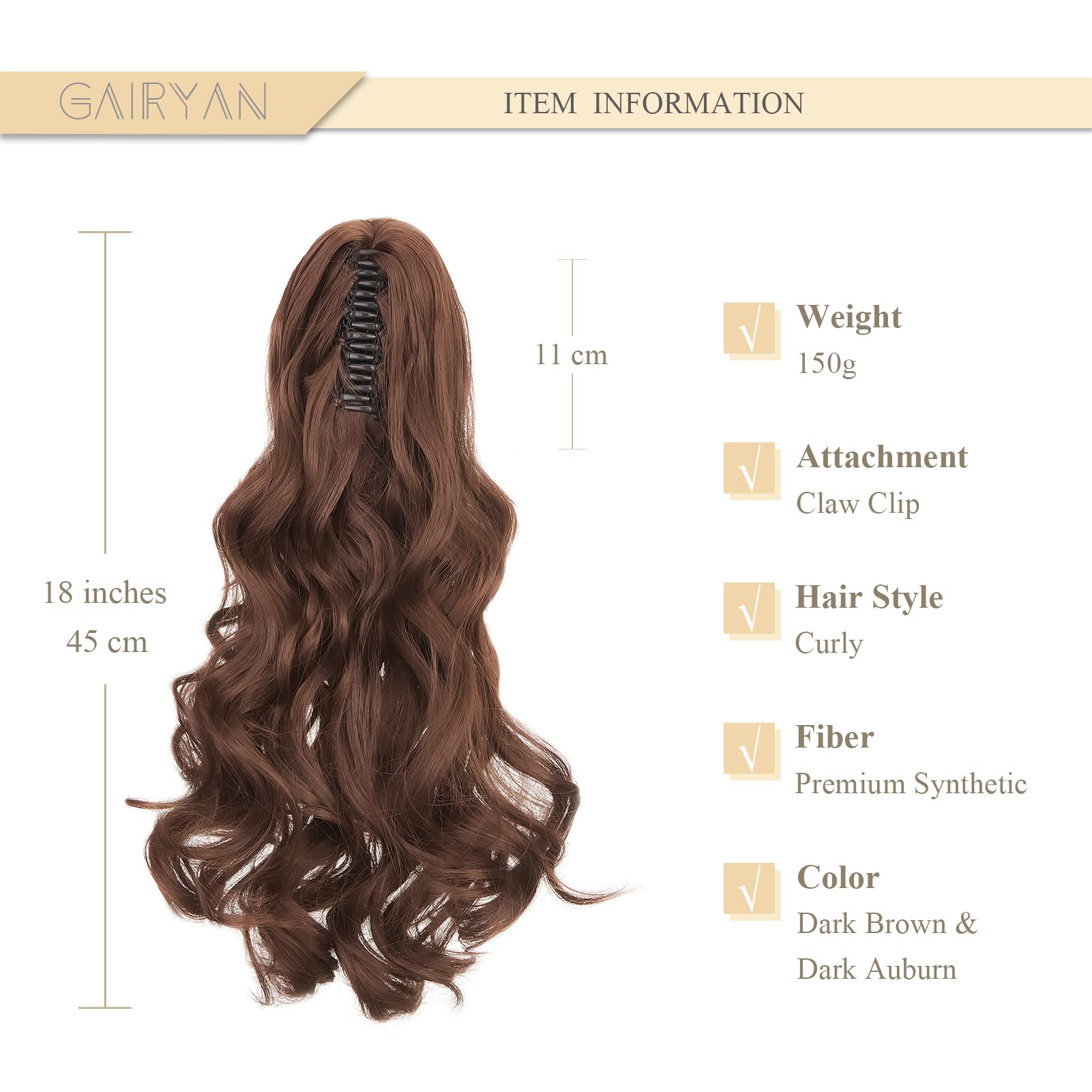 Gairyan 18inch Ponytail Extension Clip in Ponytail Hair Extensions Curly Wavy Pony Tails Claw on Ponytail Long Synthetic Hairpieces for Women Soft Real Look Wave (Dark Brown & Dark Auburn) - Image 2