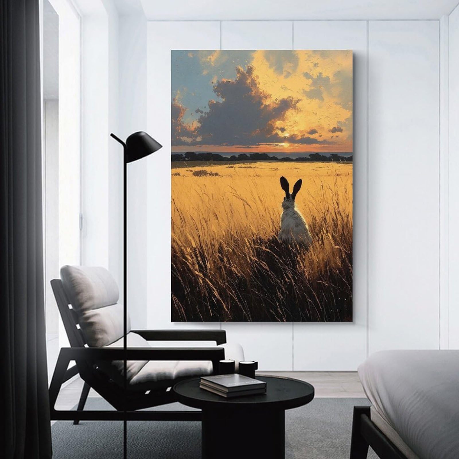 Junmoney Hare in Golden Field at Sunset Decorative Wall Artwork, 24x36inch(60x90cm), for Home Lounge, Bedroom Or Reading Nook, Eye Catching Artwork for Blank Walls