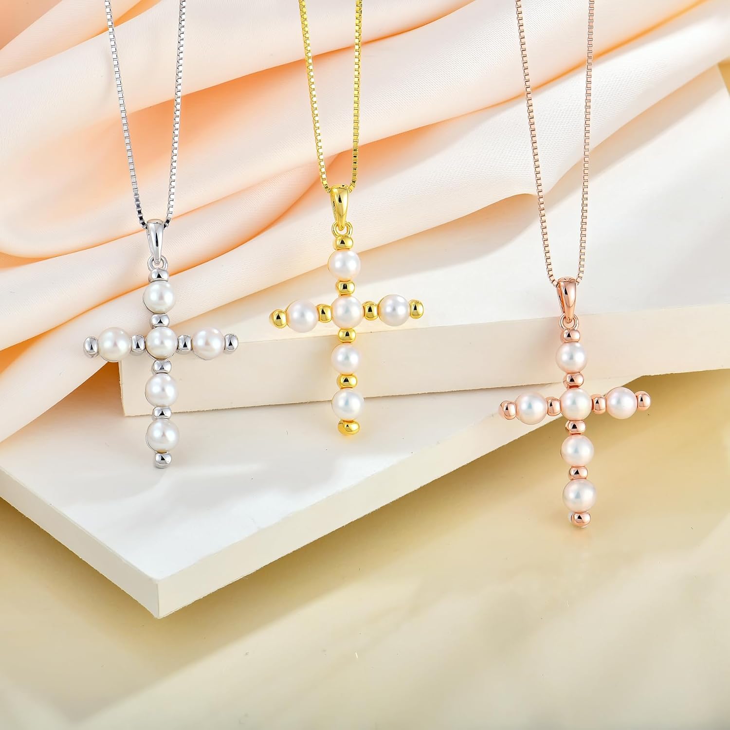 YL Cross Necklace 925 Sterling Silver Halo Freshwater Pearls Pendant Polished Religious Jewelry for Women - Image 4