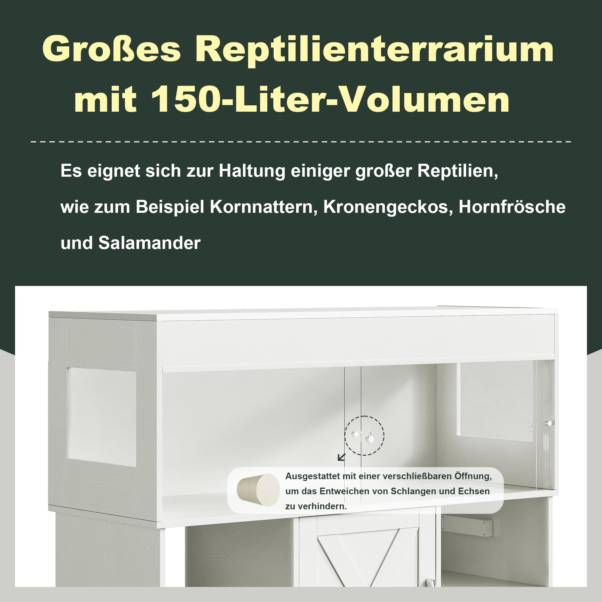 Herture Großes Terrarium mit Unterschrank 150 L, 90 x 46 x 41 cm | Reptilienvivarium Holz, Terrarienschrank mit Schiebetüren, integrierter Steckdose & Stauraum für Reptilien, EPX03RTWW