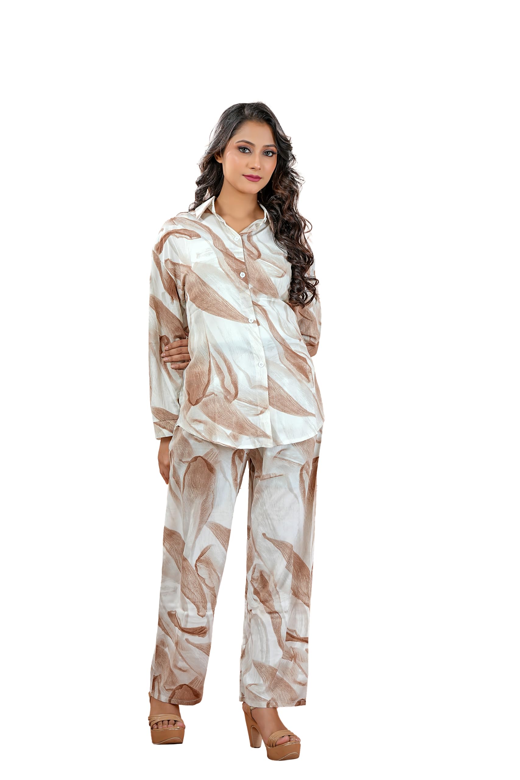 chevaux Stylish Printed White And Brown Colour With Leave Design Co-Ord Set for Women Full Sleeve Shirt with Wide Leg Palazzo Pants Casual Fashion Outfit for Office Wear Vacation Brunch & Everyday Wear-picture-12