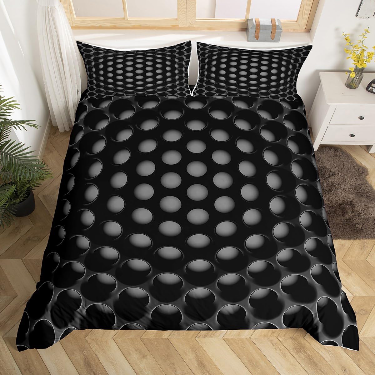 Homewish Geometric King Comforter Cover for Boys Men,Retro Black Grey Kids Bedding Set,3D Stereoscopic Dense Hole Duvet Cover Abstract Bed Set Reversible Black 2 Pillow Cases