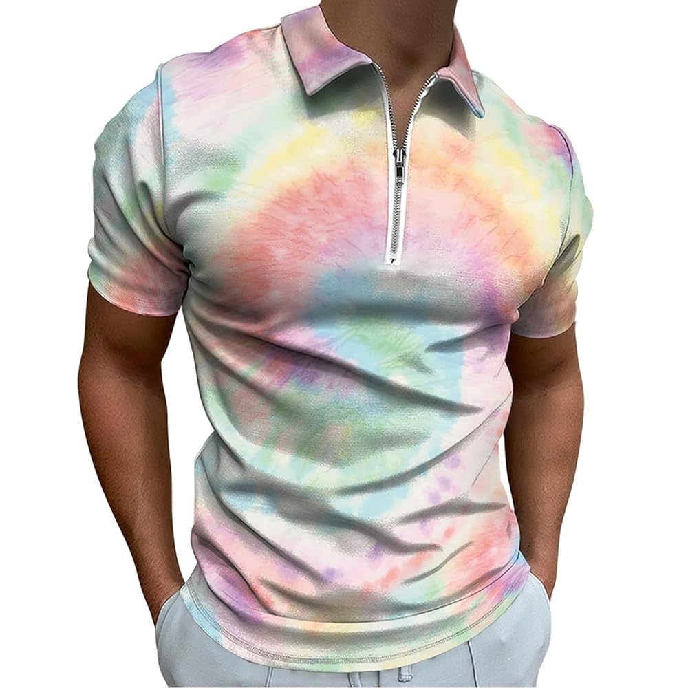 Pastel Tie Dye Swirl Men's Zip-Up Polo Shirt Casual Knit