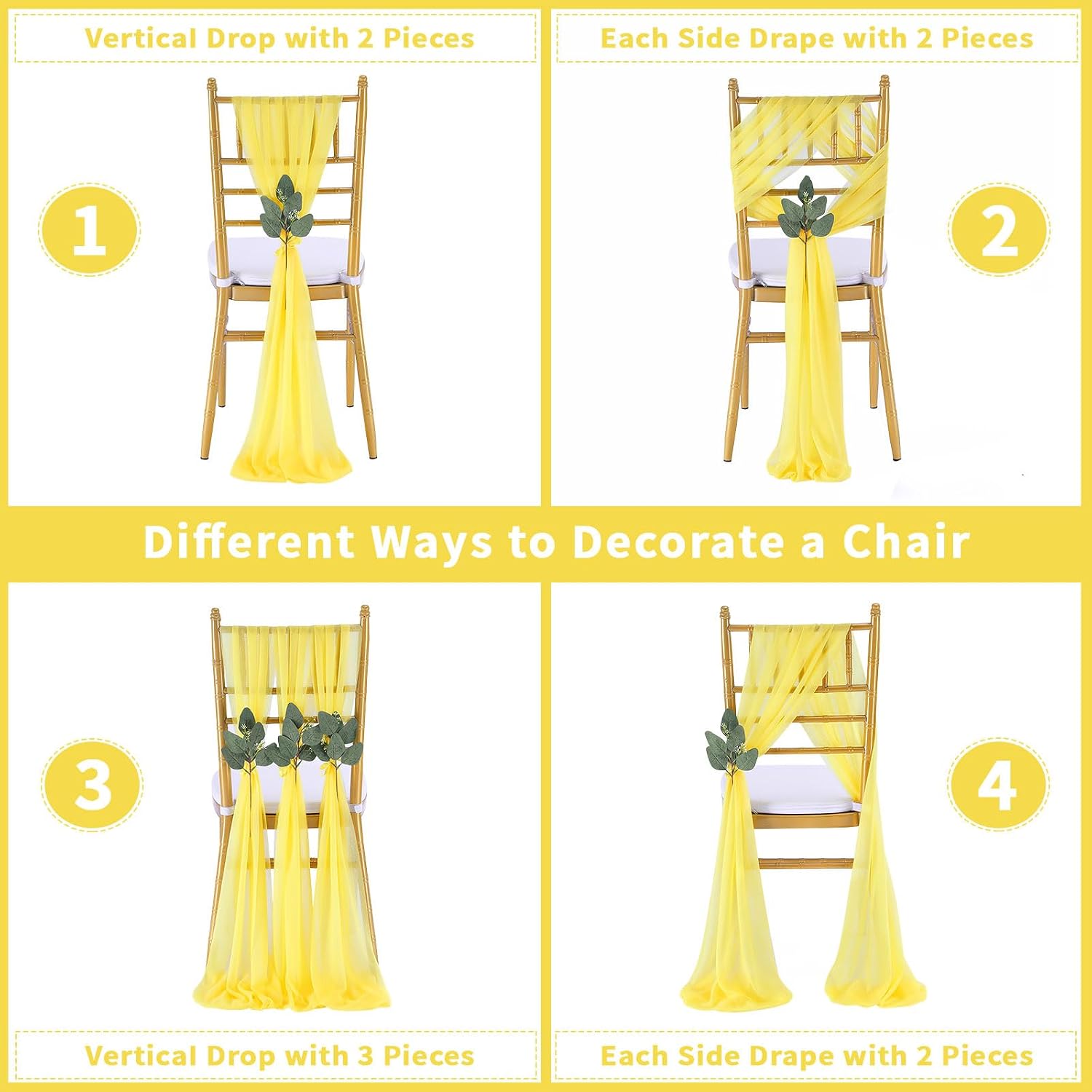 QueenDream Yellow Chair Sashes Wedding: 16 Pieces Long Sheer Wedding Aisle Chair Decorations Tulle Chairs Covers with Artificial Eucalyptus